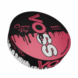 VOSS All White Cherry Pop nicotine pouch can with sweet cherry flavour.