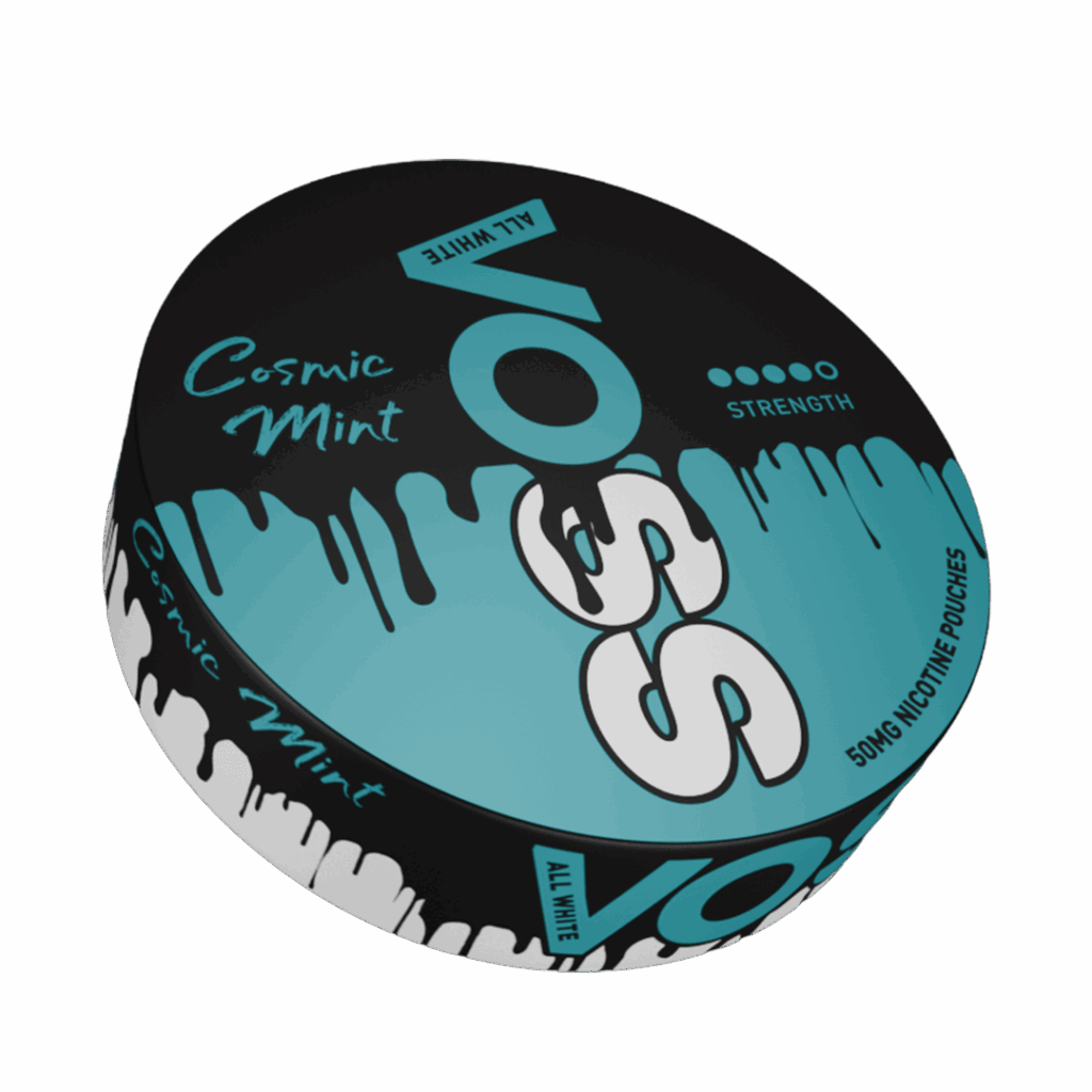 VOSS All White Cosmic Mint nicotine pouch can – cool refreshing flavour and strong performance.