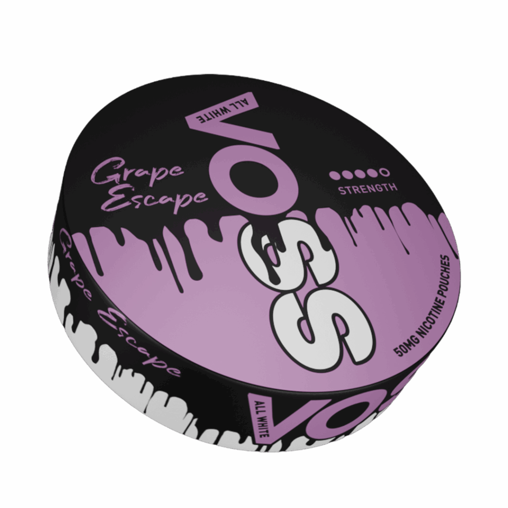 VOSS All White Grape Escape nicotine pouch can with sweet grape flavour.