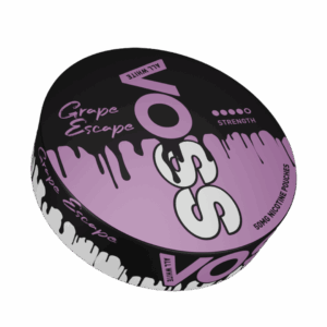 VOSS All White Grape Escape nicotine pouch can with sweet grape flavour.