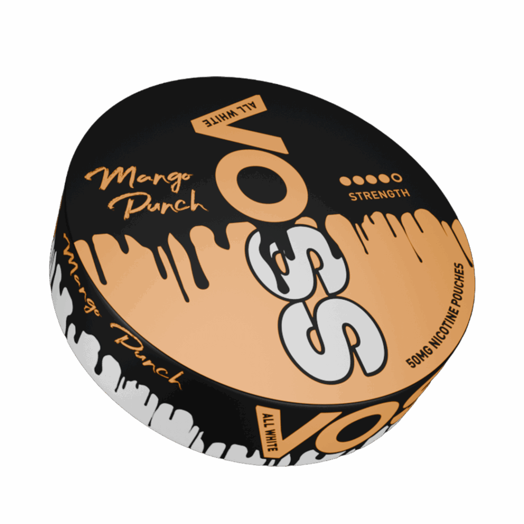VOSS All White Mango Punch nicotine pouch can with fruity mango flavour and strong delivery.